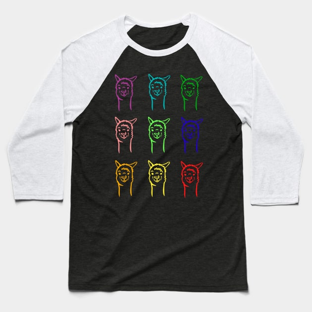 Colourful Alpaca and Llama Baseball T-Shirt by Imutobi